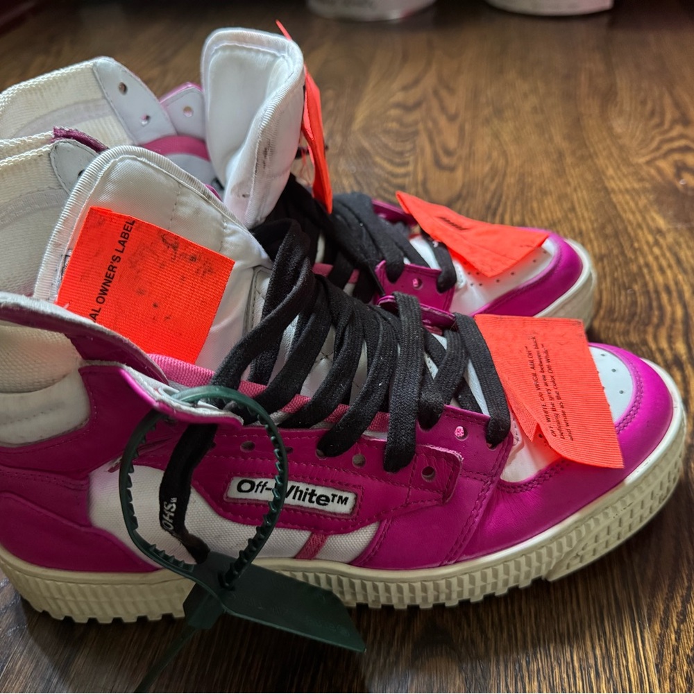Off-White Fuchsia and White High-Top Sneakers
